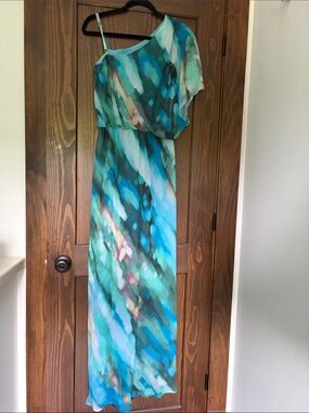 Ellen Tracy Aqua Teal Watercolor One-Shoulder Maxi Dress